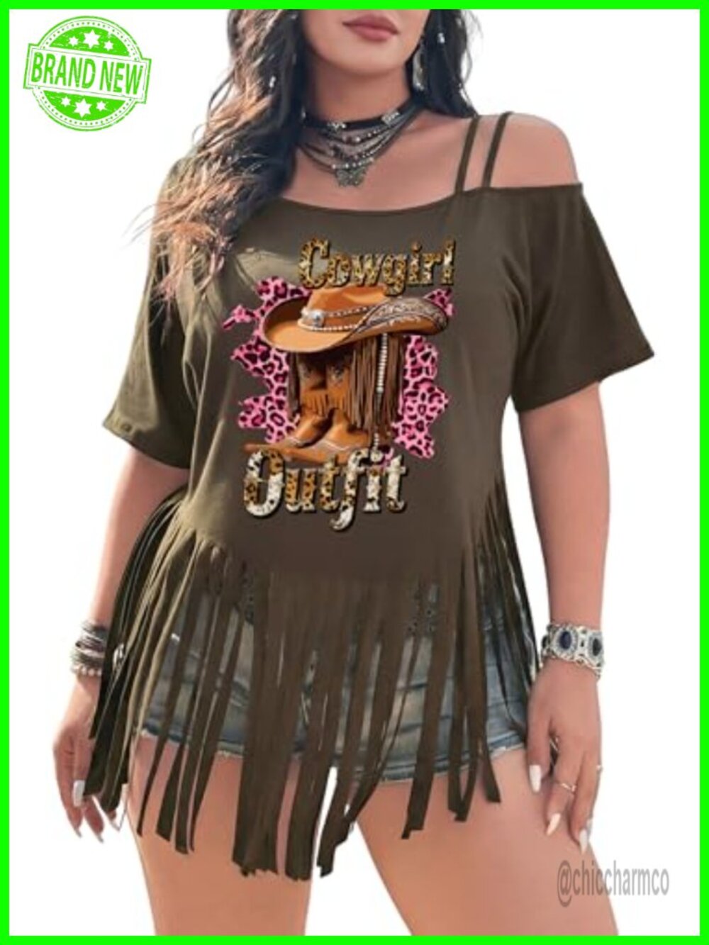 Women Cold Shoulder Tassel Fringe Short Sleeve Graphic Western Tee